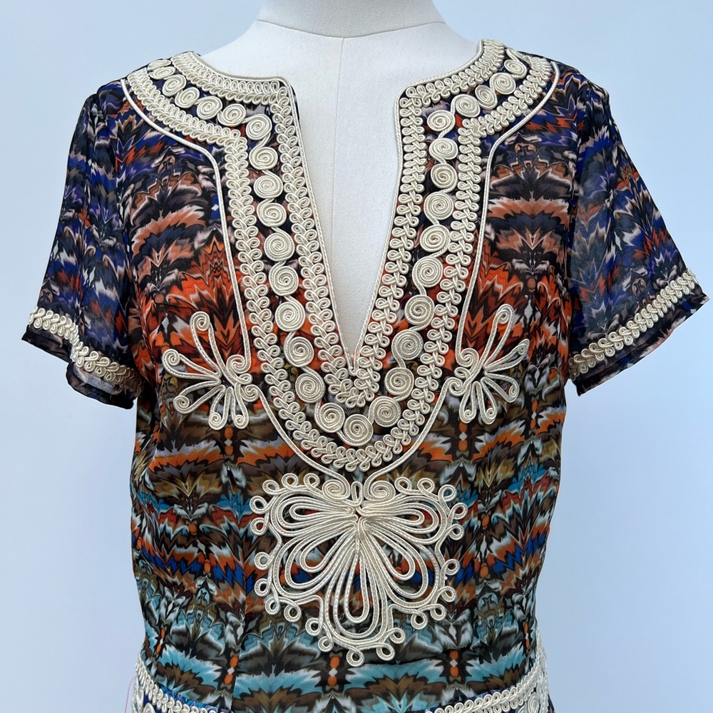 BEBE Embellished Boho Print Fit & Flare Mini Dress Short Sleeve Sz 6 NWT - Picture 12 of 16